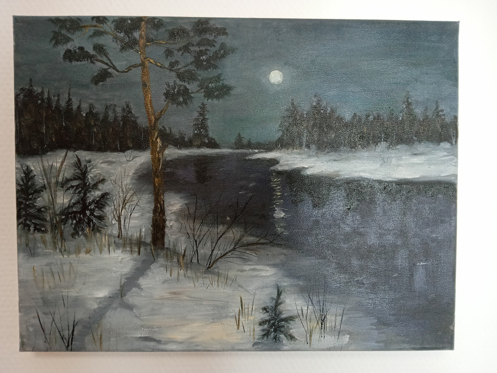 Картина "Зимний вечер". Масло.Кисти.Холст на подрамнике. Масло.31x41 см.