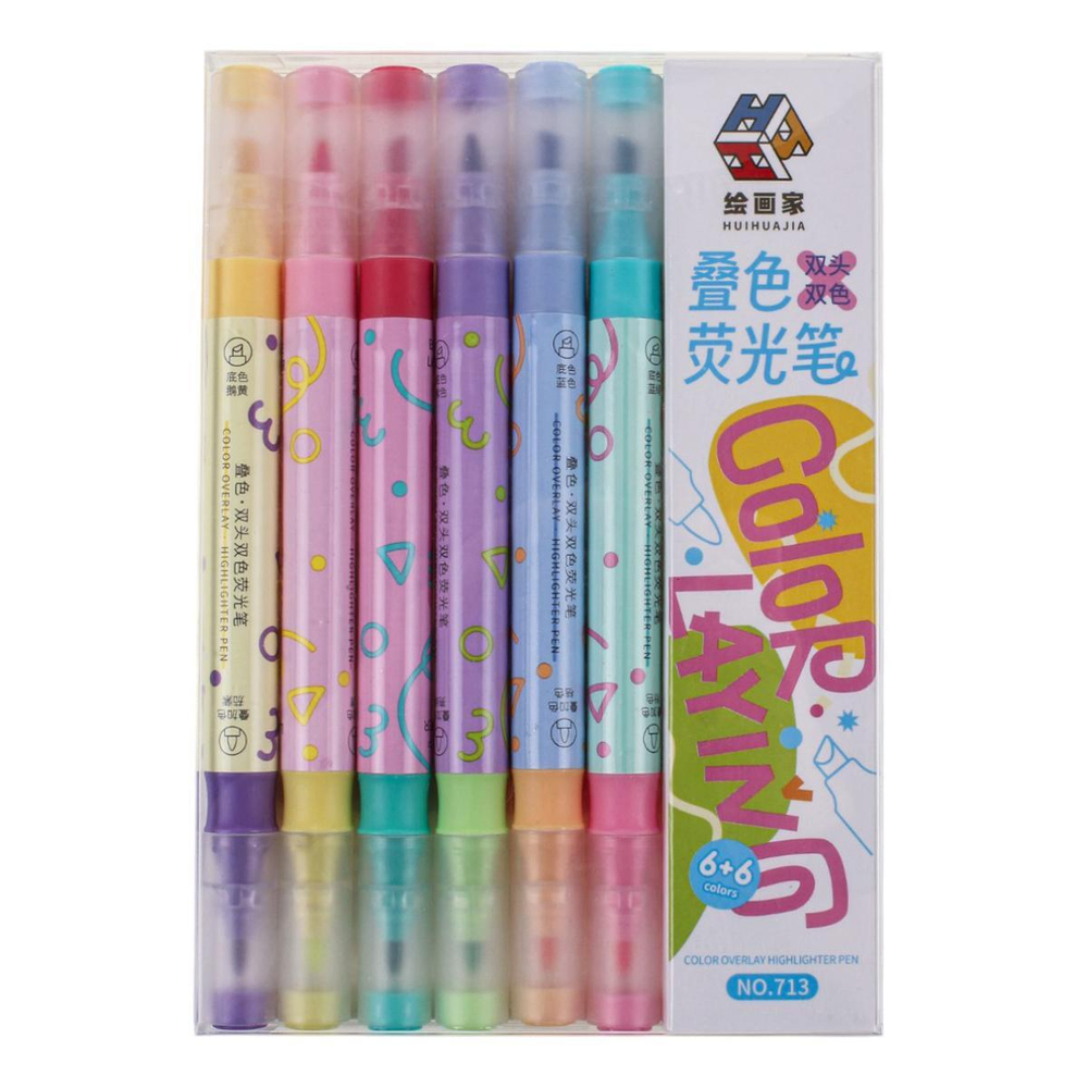 Набор текстовыделителей 6цв. 2-х стор, рисуют друг на друге,в пласт.пенале