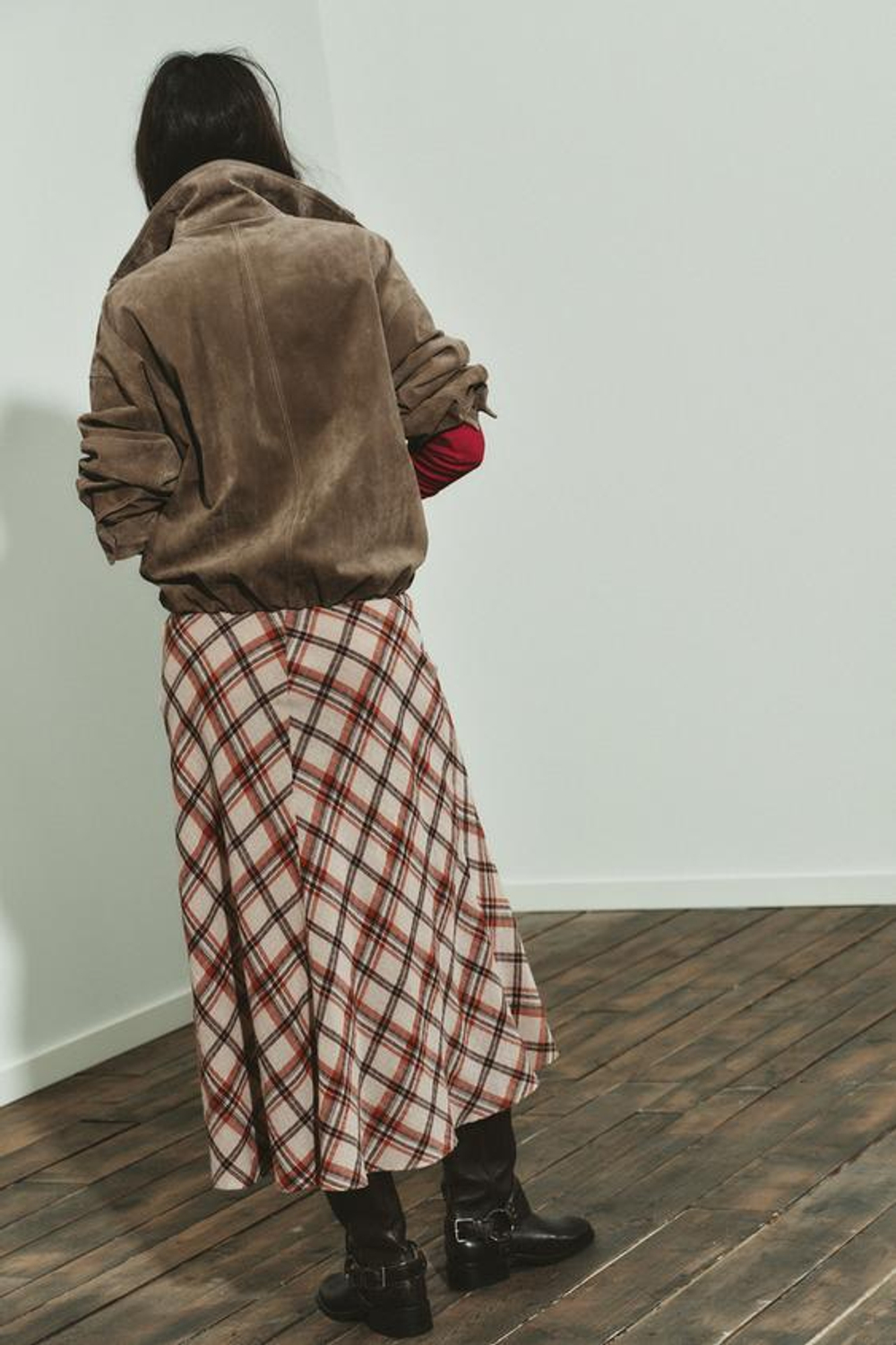 ZARA ЮБКА МИДИ В КЛЕТКУ, БЕЖЕВЫЙ