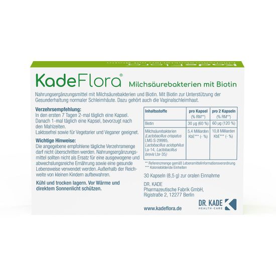 Молочнокислые бактерии KadeFlora с биотином – для ежедневной поддержки слизистой влагалища