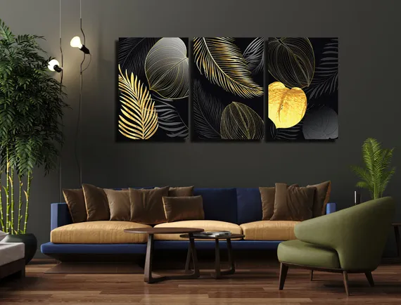Модульная картина "Черно-золотые листья"