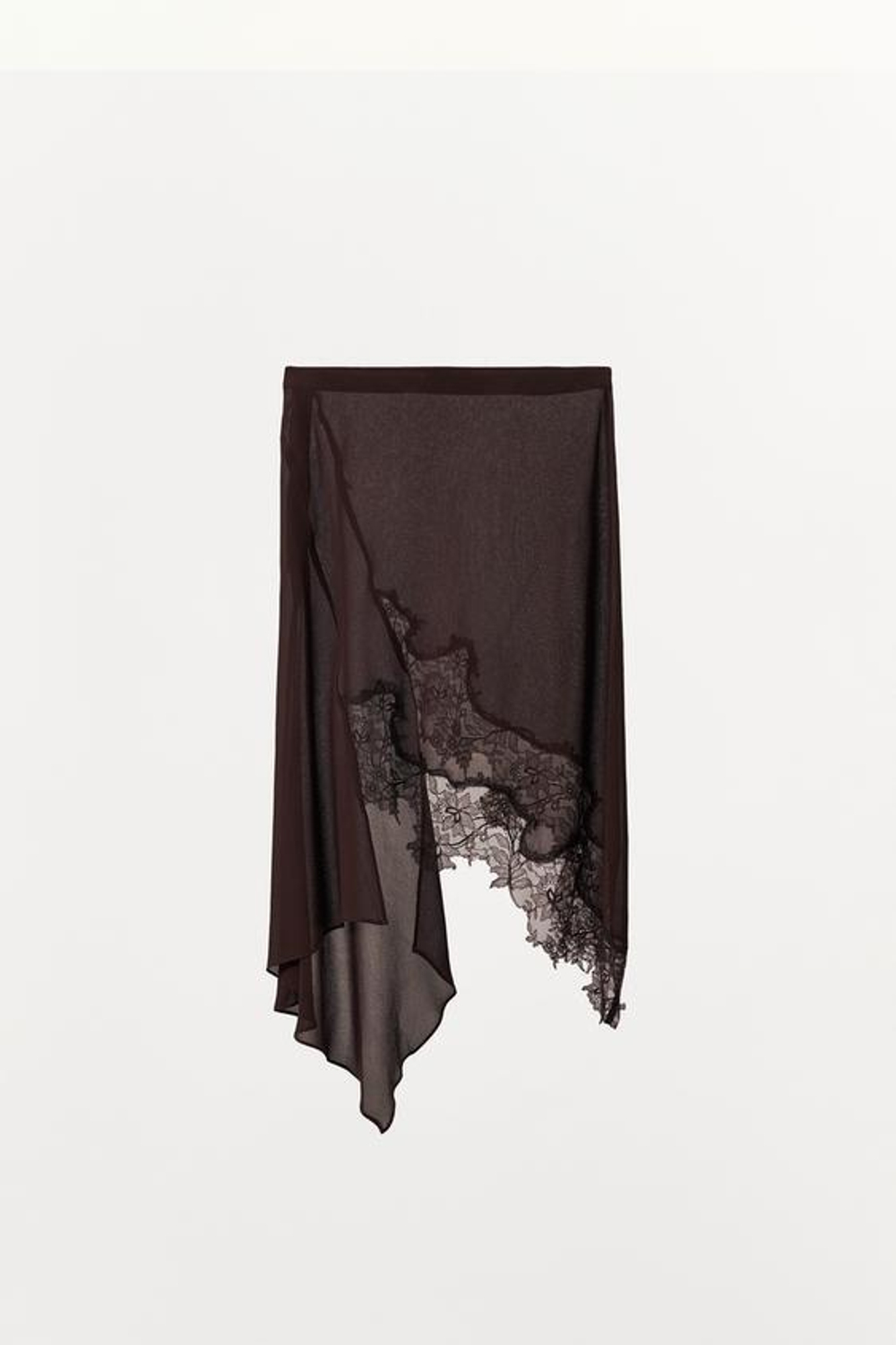 ZARA ЮБКА ИЗ ЖОРЖЕТА С АСИММЕТРИЧНЫМ КРУЖЕВОМ, ТЕМНО-КОРИЧНЕВЫЙ