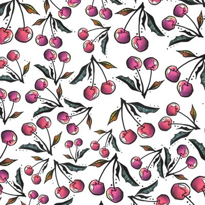 cherry pattern on pink background, wrapping paper, textile fabric print