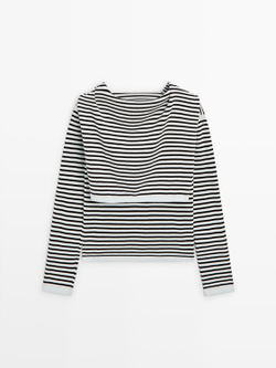 Massimo Dutti Свитер в полоску с декоративными деталями на рукавах, голубой