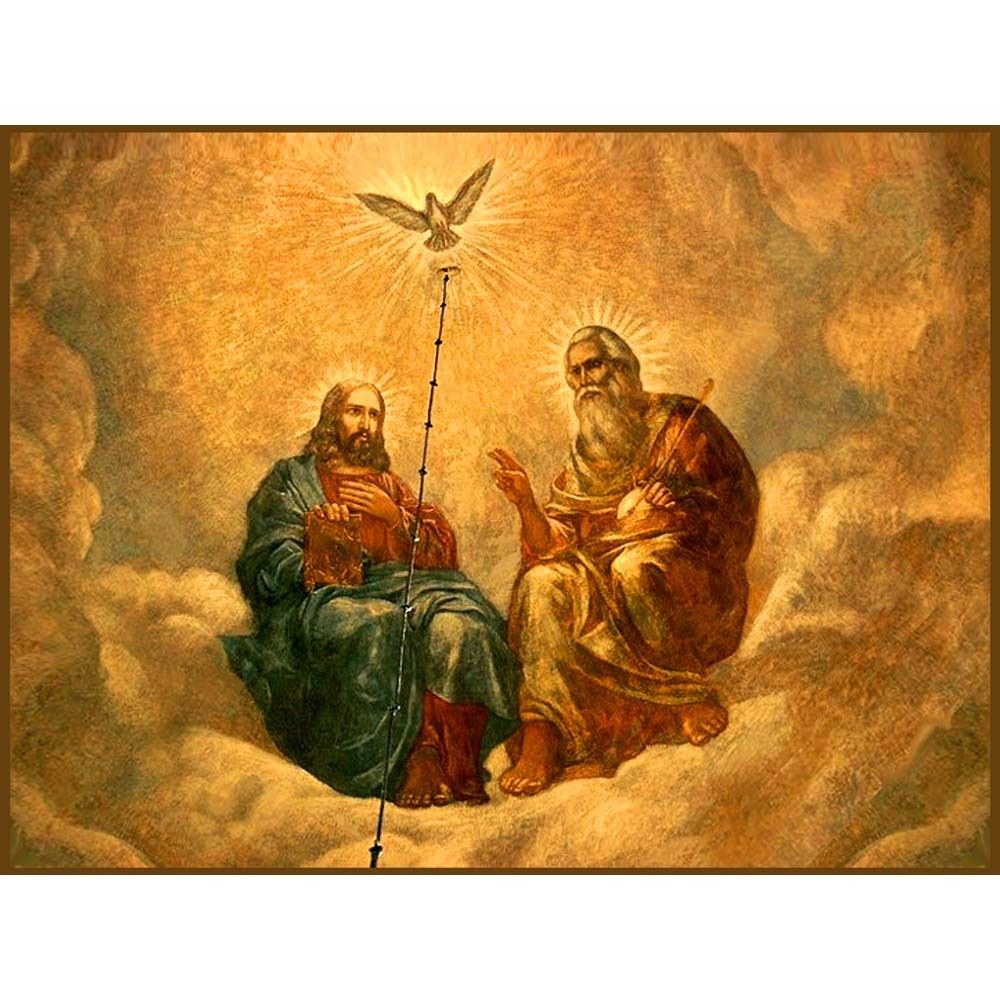 Святая Троица – Бог Отец, Бог Сын и Святой Дух. Икона на доске.