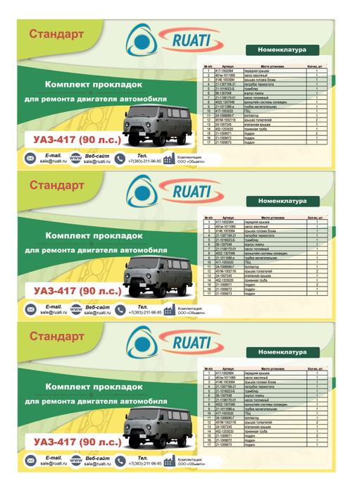 Комплект прокладок  двигателя УАЗ-417  (полный) стандарт (герметик) "RUATI"