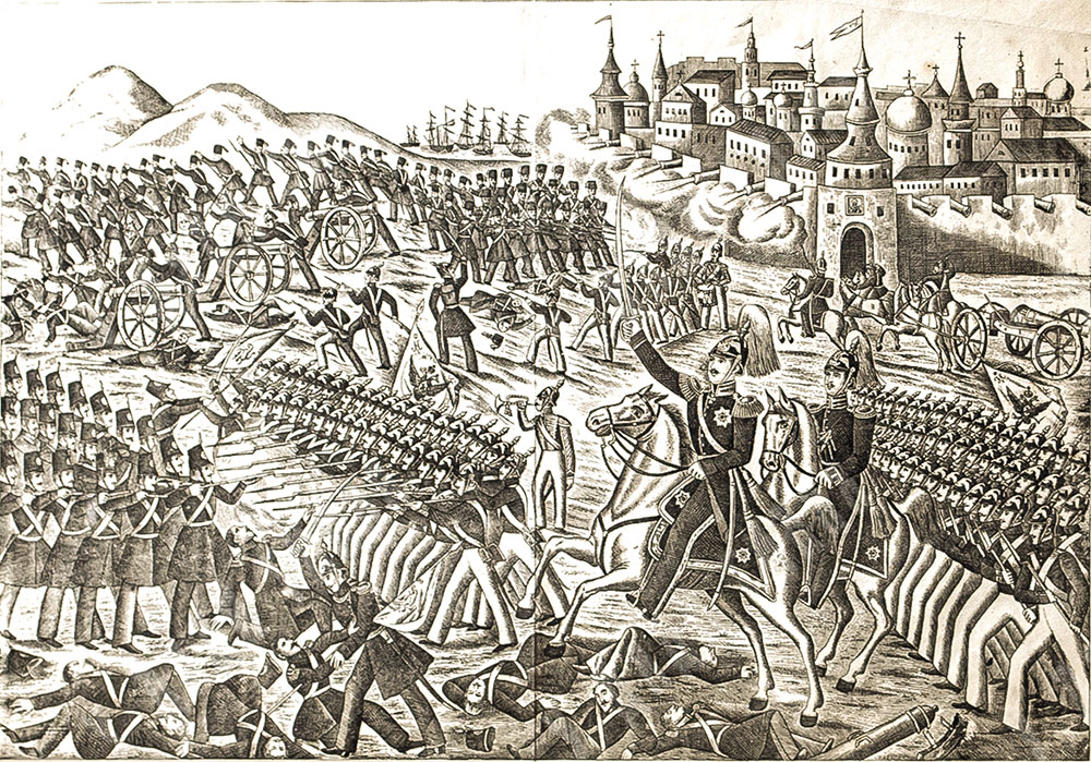 Сражение при Севастополе при большой вылазки под командою Генерал майор. Гравюра. Лубок 1867.