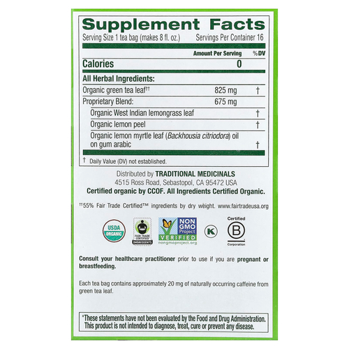 Traditional Medicinals, органический зеленый чай, лемонграсс, 16 чайных пакетиков, 24 г (0,85 унции)