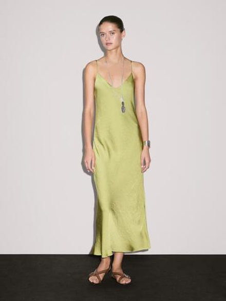 Massimo Dutti Платье миди из струящейся атласной ткани, цвет зеленого яблока