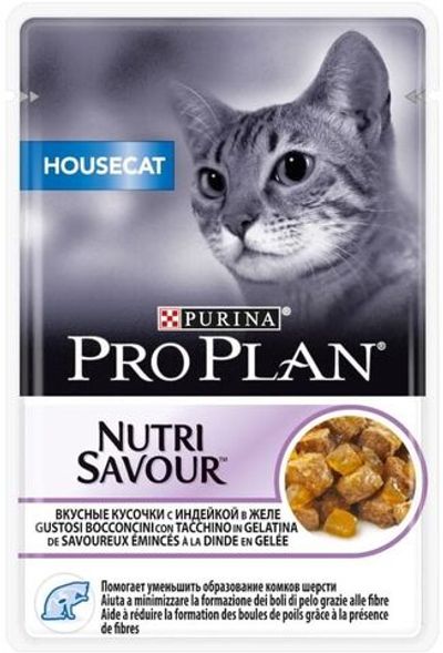 Влажный корм Pro Plan® Nutri Savour® для кошек, живущих дома, вкусные кусочки с индейкой в желе, Пауч 85 г