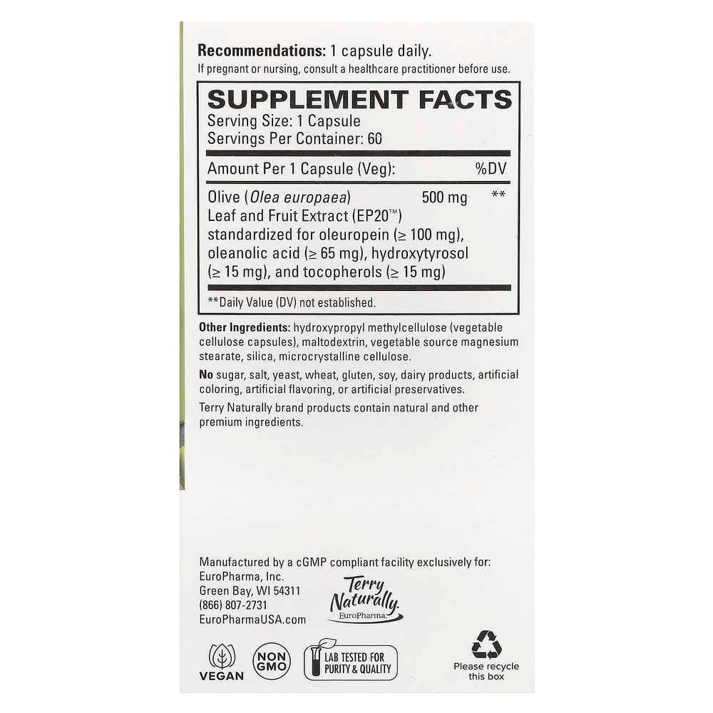Terry Naturally, Экстракт оливы полного спектра EP20 ™, 60 капсул