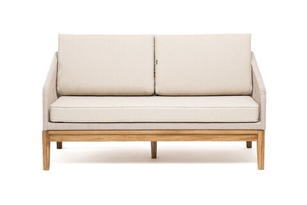 "Канны" диван 2-местный плетеный из роупа, основание дуб, роуп бежевый круглый, ткань бежевая 052