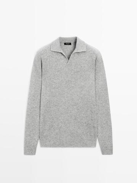Massimo Dutti Свитер поло из смесовой шерсти с V-образным вырезом, светло-серый