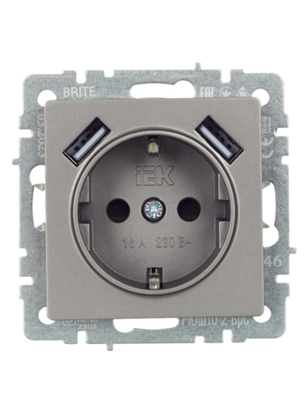 BRITE Розетка 1-местная с заземлением с защитными шторками 16А с USB A+A 5В 3,1А РЮш10-2-БрС сталь IEK