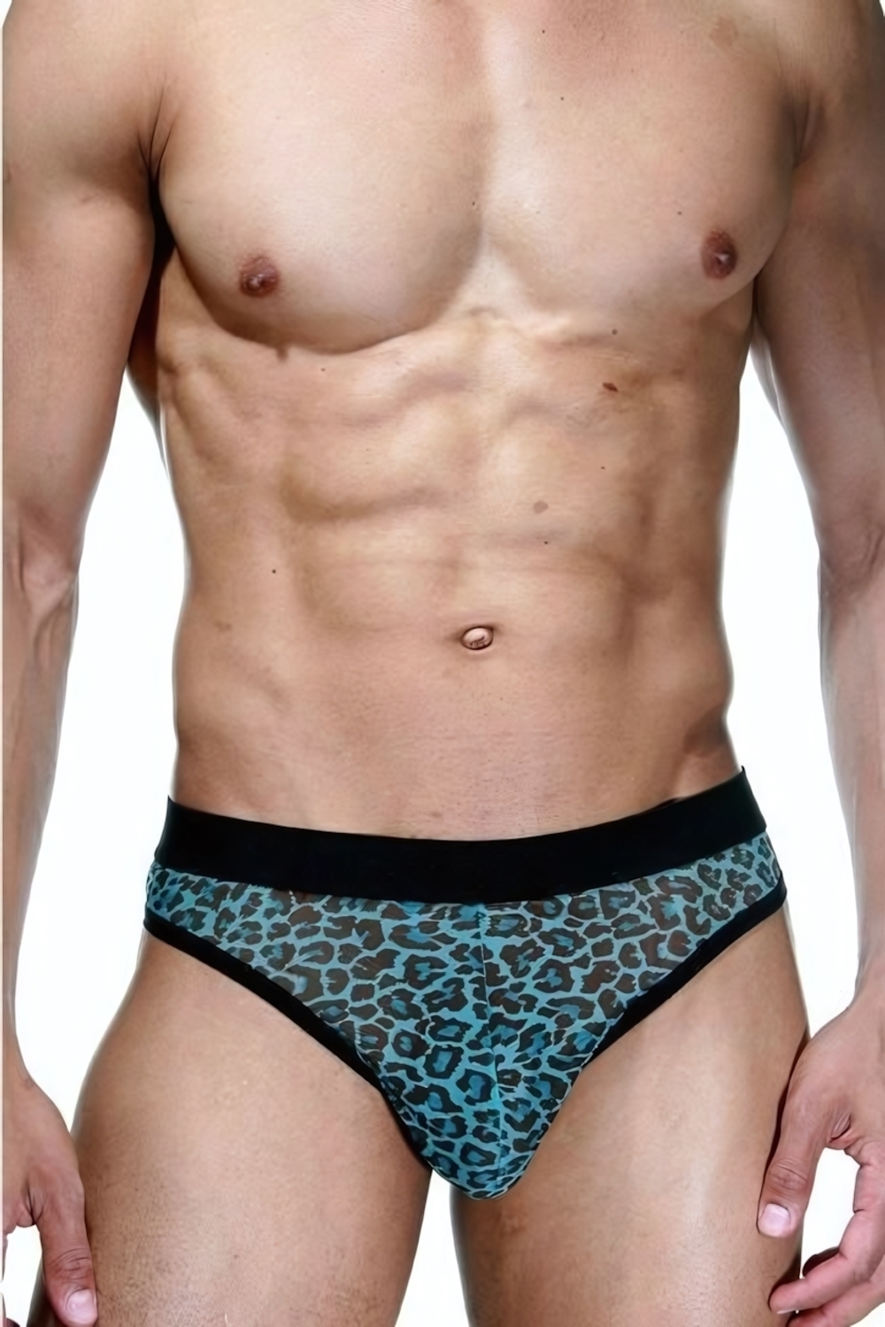 Черно-голубые трусы-тонги с леопардовым принтом (Размер: L-XL) (Цвет: голубой леопард)
