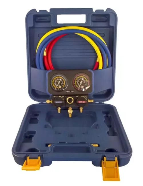Манометрический коллектор Value VRM2-B-0401 (R22, R134A, R410A, R407C; 2-х вентильный; 3 шланга 150см, переходники с R-410A / R-22; упак. кейс)