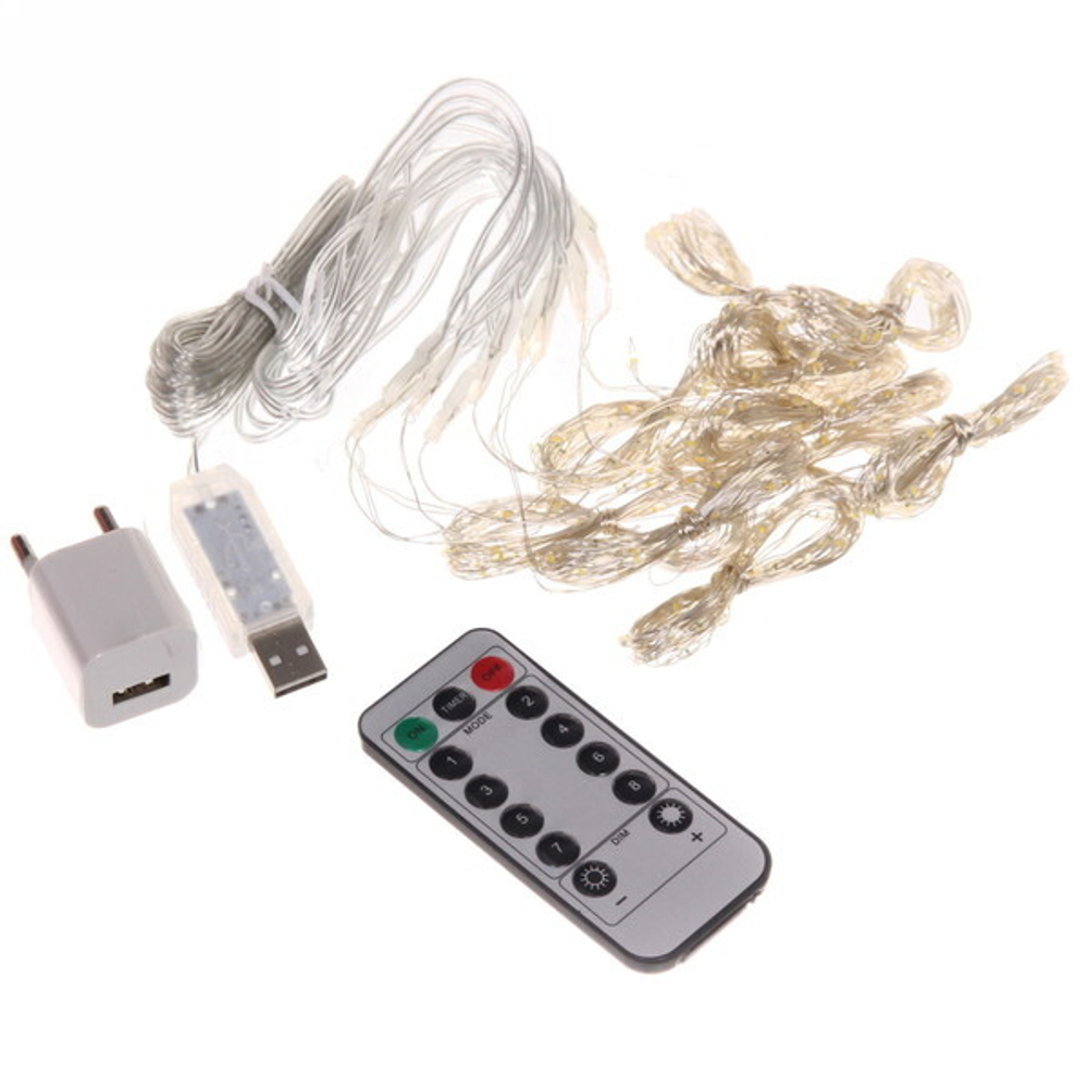 Гирлянда для улицы ЗАНАВЕС «Хвост» ш3м* в3м 300 ламп LED, 8 реж, USB, 220V + пульт,IP-54. Теплый белый