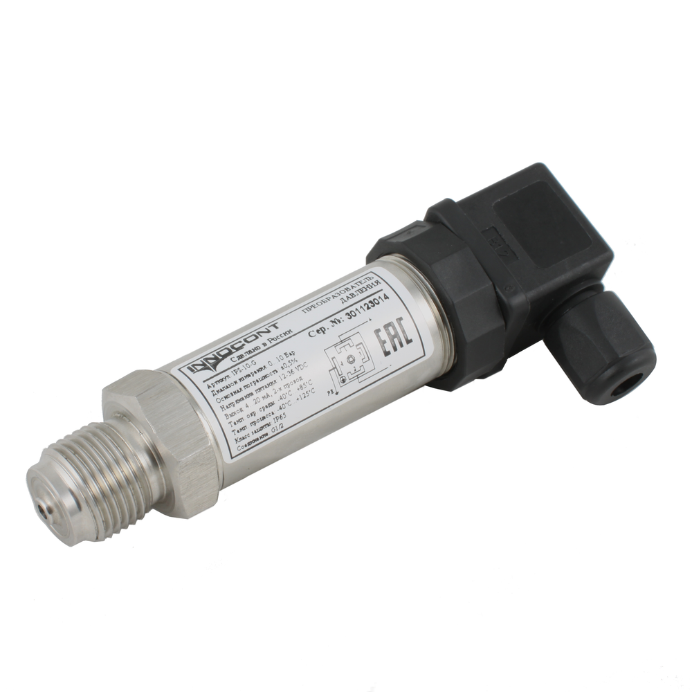 Преобразователь давления INNOCONT IPS-6-G, диапазон 0...6 бар, точность 0,5%, -40 +125 С, 12-36 VDC, IP65, разъем DIN