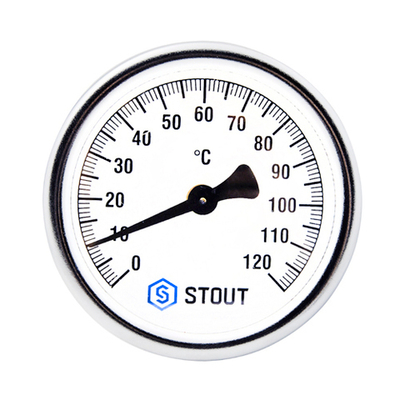 Термометр биметаллический аксиальный STOUT - 1/2" (D63 мм, шкала 0-120°C, с погружной гильзой 50 мм)