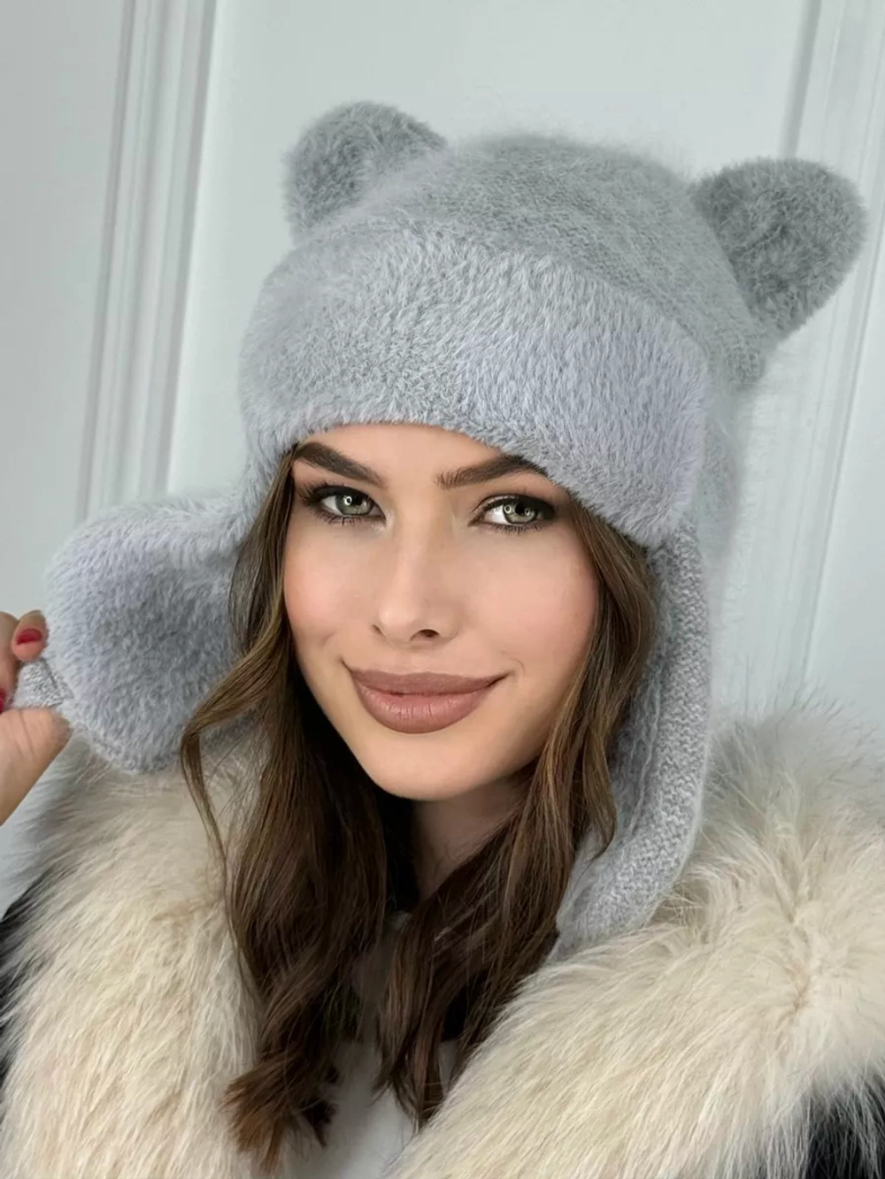 шапка зимняя вязаная с ушками ангора