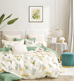 Комплект постельного белья ЕВРО 100% Сатин одуванчики с листочками на айвори