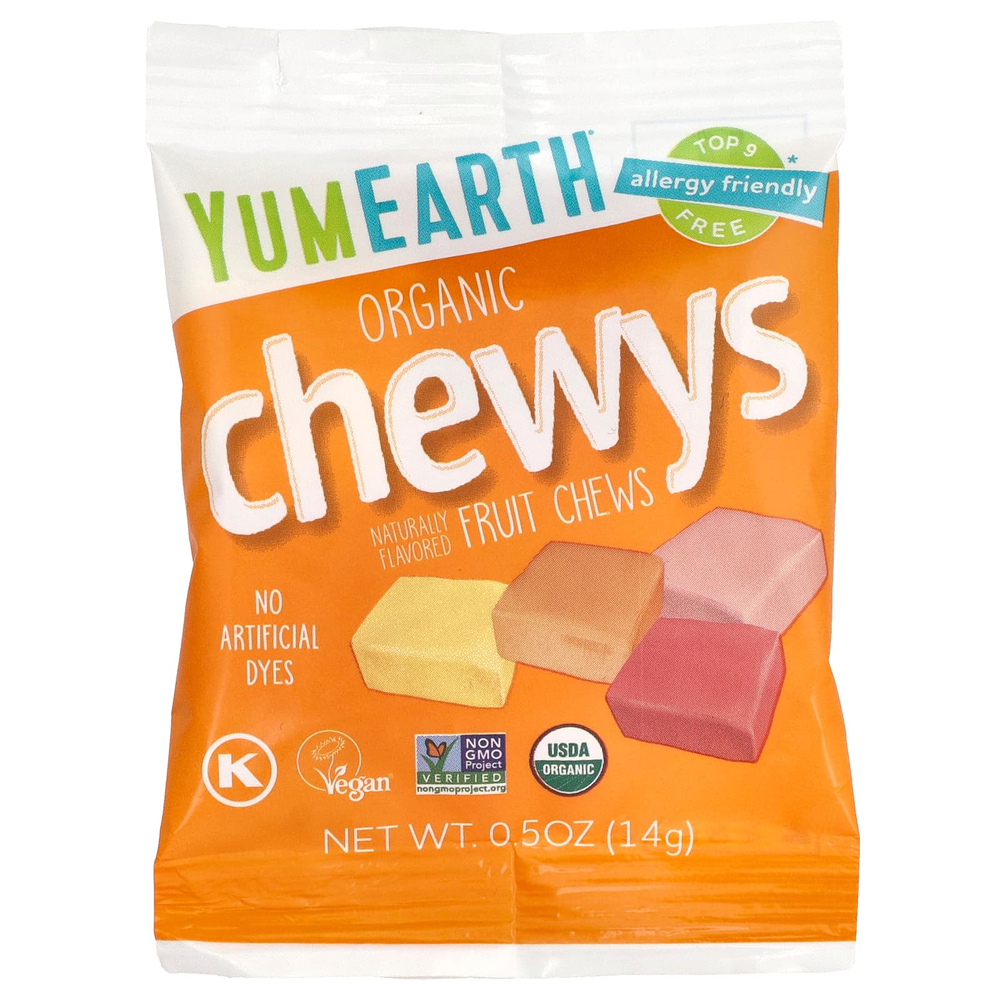 YumEarth, Organic Chewys ™, фруктовые жевательные таблетки, 15 пакетиков для снеков, 14 г (0,5 унции)