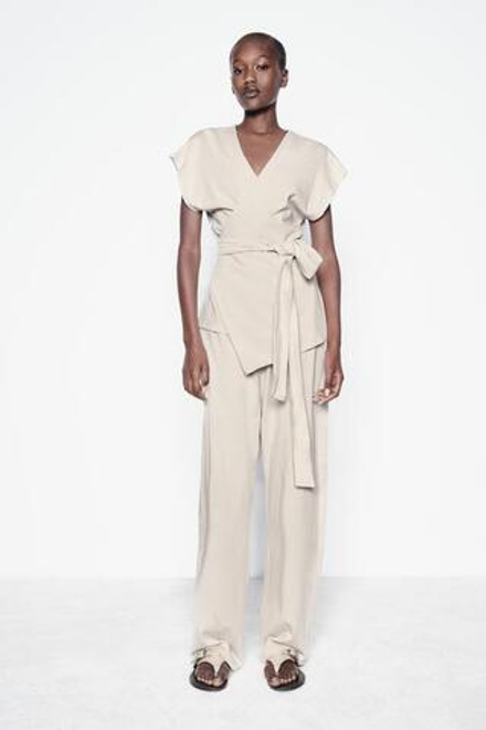 ZARA БРЮКИ ИЗ ПЛОТНОГО ХЛОПКА С ЭФФЕКТОМ ПОТЕРТОСТИ, ЭКРЮ