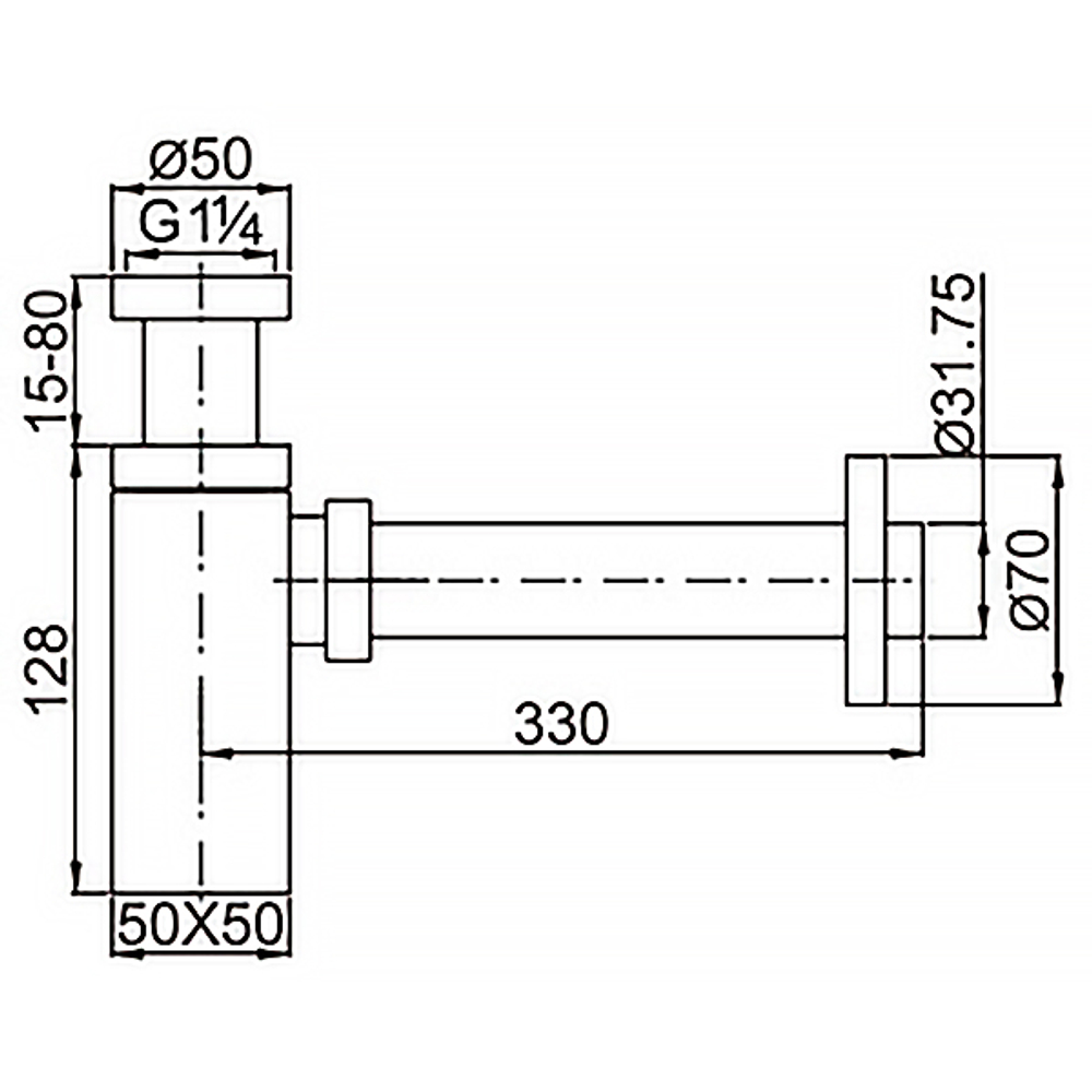 Сифон для раковины AZARIO G 1 1/4, без выпуска, квадрат, латунь, хром (AZ-109-CHR)