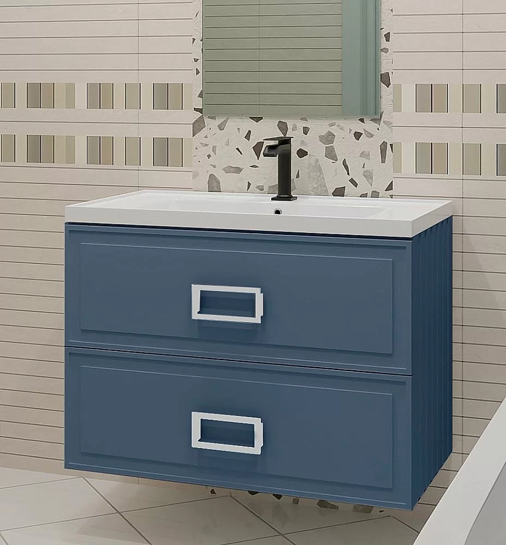 Тумба с раковиной LA FENICE Cubo Blu Grigio TWIN 100 синяя/ручки белые
