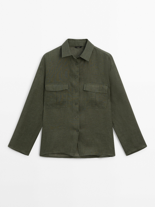 Massimo Dutti рубашка из 100% льна с карманами, темно-зеленый