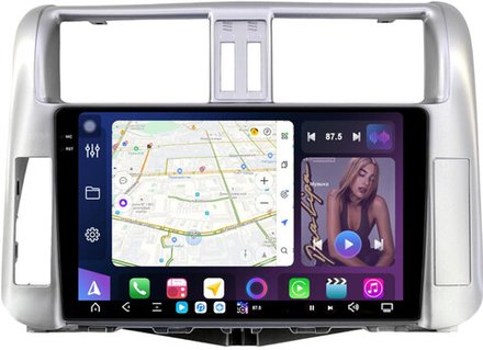 Магнитола для Toyota Land Cruiser Prado 150 2009-2013 (рамка серебро) - FarCar GX065M монитор 9.5" 2K QLED на Android 14, TS20, 6+128Гб, CarPlay, 4G SIM-слот