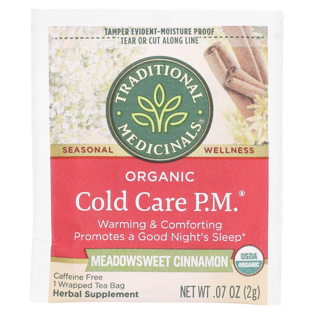 Traditional Medicinals, Organic Cold Care PM, таволга и корица, без кофеина, 16 чайных пакетиков в упаковке, 32 г (1,13 унции)