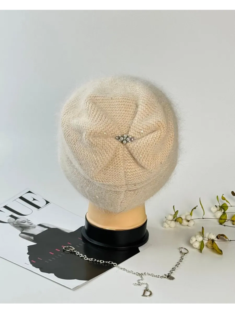 шапка зимняя вязаная ангора с пайетками