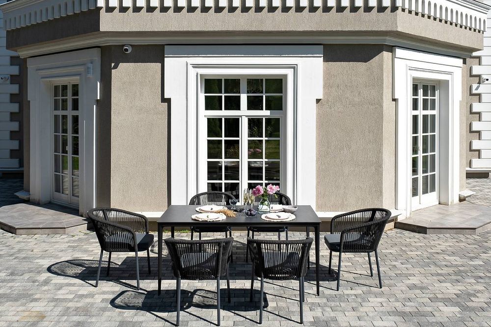 "Малага" обеденная группа на 6 персон со стульями "Марсель", каркас темно-серый, роуп темно-серый