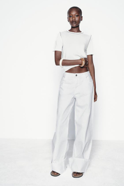 ZARA ОДНОТОННЫЙ ТОП С КОНТРАСТНОЙ ОКАНТОВКОЙ, БЕЛЫЙ/ЧЕРНЫЙ