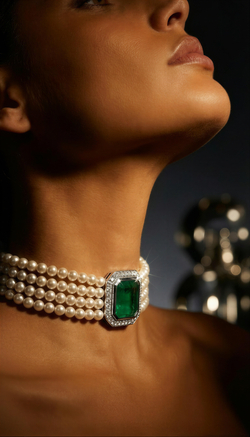 Колье - чокер из серебра с изумрудным кварцем и цирконами