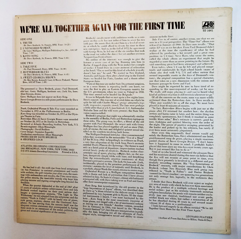 Винтажная виниловая пластинка LP Dave Brubeck, Gerry Mulligan, Paul Desmond, Alan Dawson, Jack Six Were All Together Again For The First Time (USA 1973)