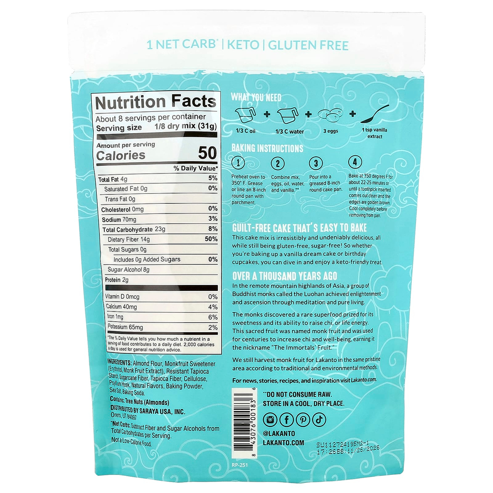 Lakanto, Keto Cake Mix, Vanilla, 8.8 oz (250 g)