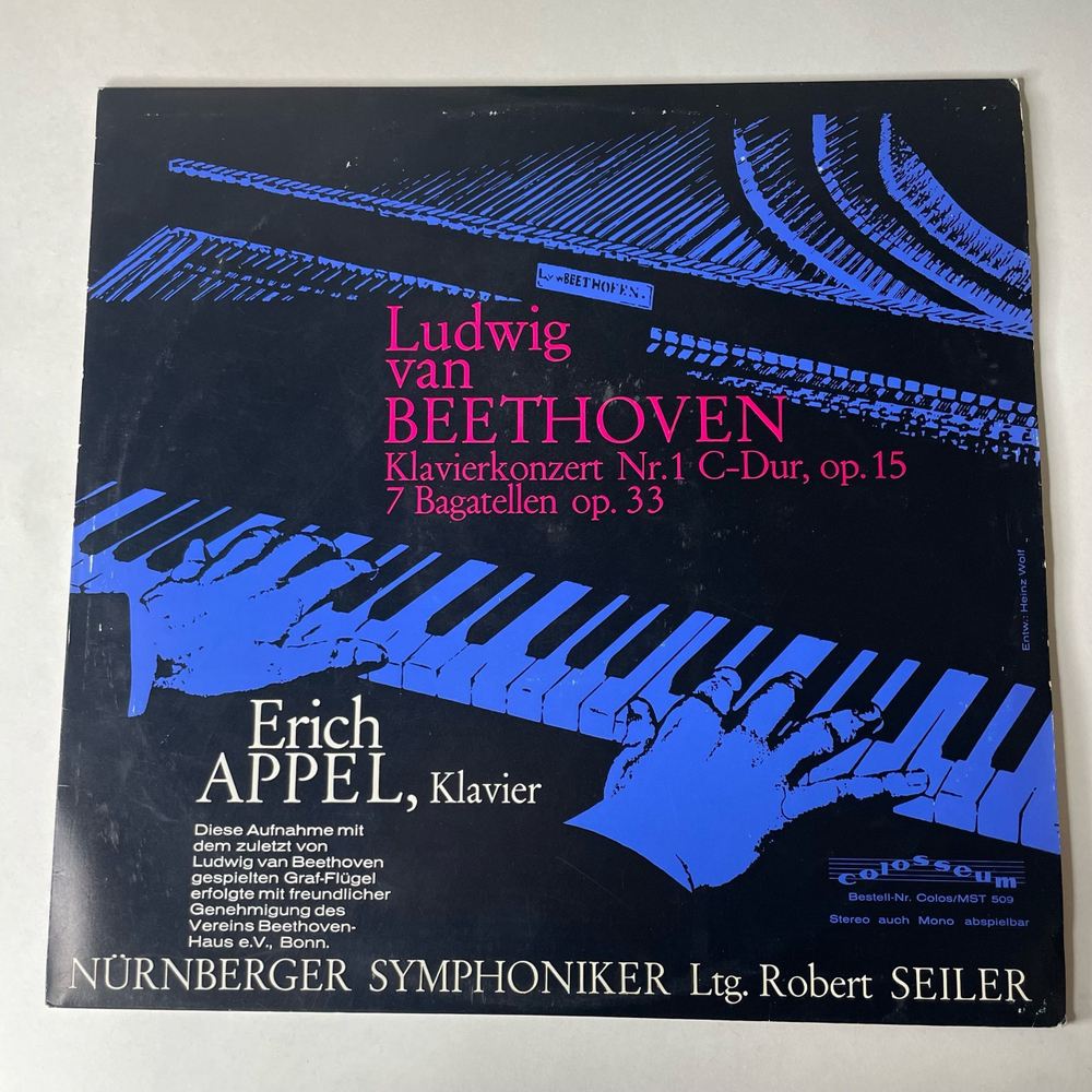 Винтажная виниловая пластинка LP Ludwig van Beethoven, Erich Appel, N rnberger Symphoniker, Robert Seiler, Klavierkonzert Nr. 1 C-Dur, Op. 15, 7 Bagatellen Op.33 (Германия 1977)