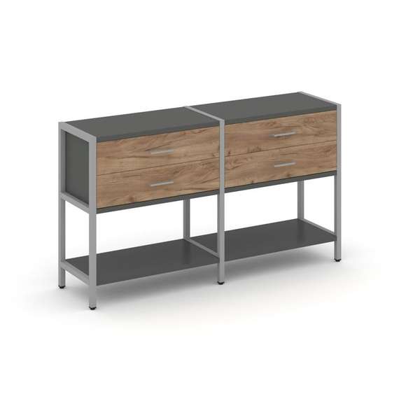 Shelf System Двухсекционный стеллаж двухярусный с ящиками SN.STM-222 Антрацит/Дуб Табак/Металл Серый