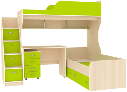 Двухъярусная кровать КарИВи Дуэт-5 с лестницей Комод КарИВиом  Дуб Молочный Лайм