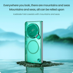 Чехол прозрачный зеленого цвета от Nillkin с металлической крышкой и поддержкой беспроводной зарядки MagSafe на OPPO Find N5, серия Iceblade Fold Magnetic