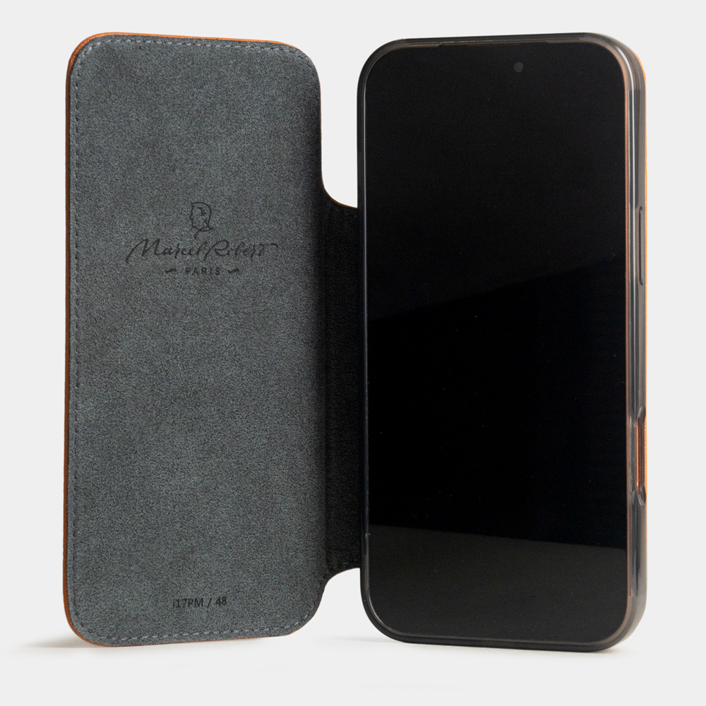 Чехол-книжка кожаная для iPhone 17 Pro Max, коза оранжевого цвета