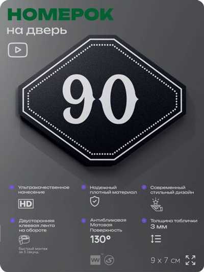 Номерок на дверь квартиры 90, для кабинета, офиса, шильдик 9 х 7 см, черный, Айдентика Технолоджи