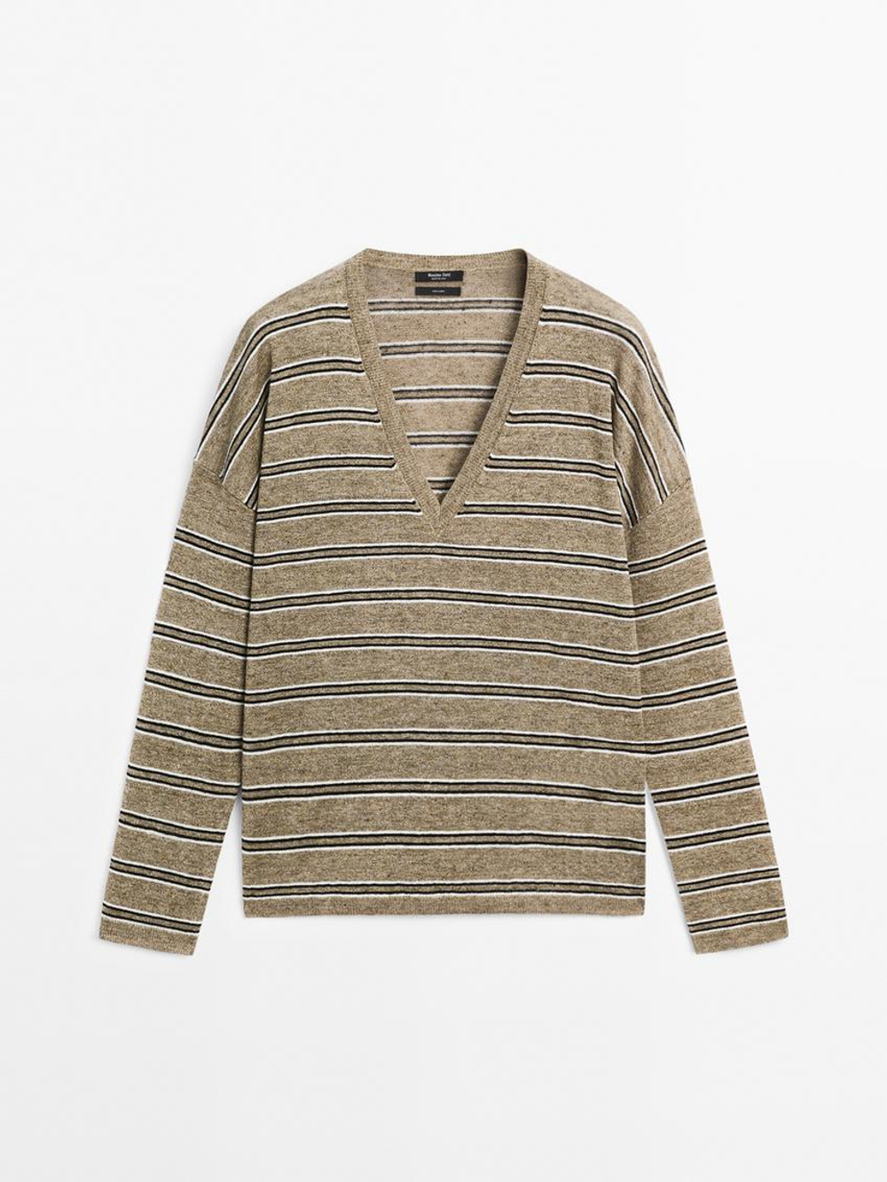 Massimo Dutti Свитер из 100% льна в полоску, зеленоватый