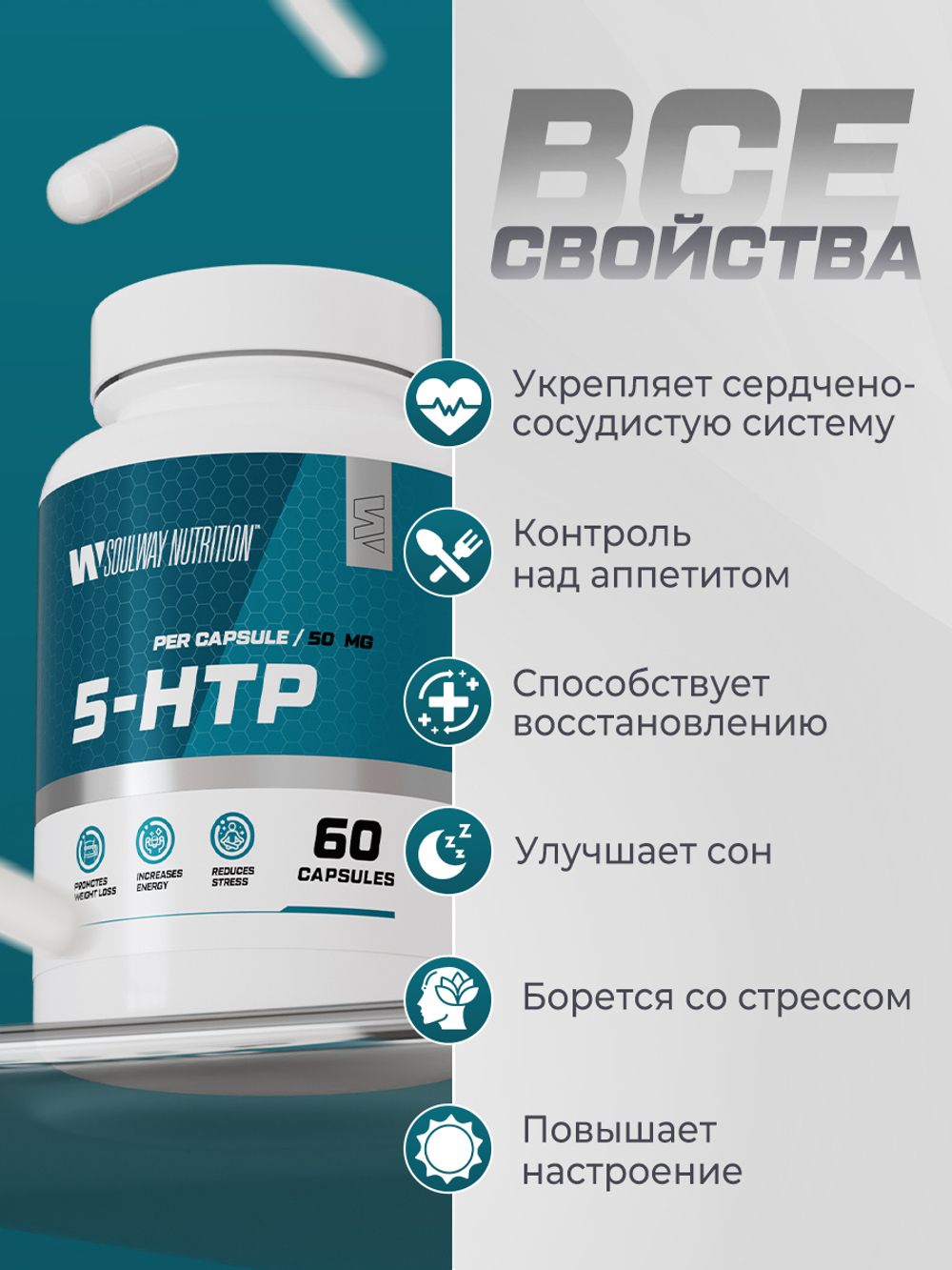 5-HTP / 5 HTP гидрокси триптофан для сна и от стресса, витамины успокоительные, бады для настроения, 50 мг, 60 капсул