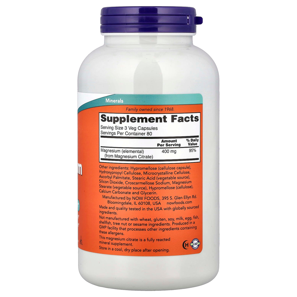 NOW Foods, цитрат магния, 240 вегетарианских капсул (133 мг в 1 капсуле)