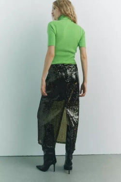 ZARA ТРИКОТАЖНЫЙ ТОП С ВЫСОКИМ ВОРОТНИКОМ, ЗЕЛЕНЫЙ