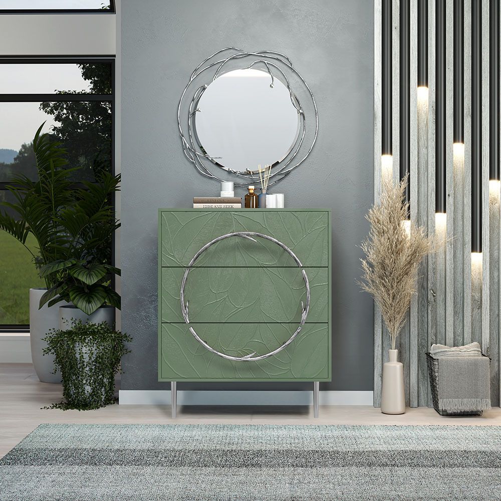 Комод Арт Колор leaves с 3-мя ящиками Стайл Сильвер Зеленый нефрит