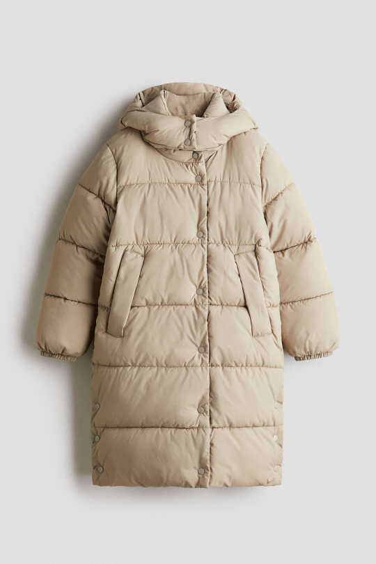 H&M Длинная утеплённая куртка из стеганой ткани, светлый хаки